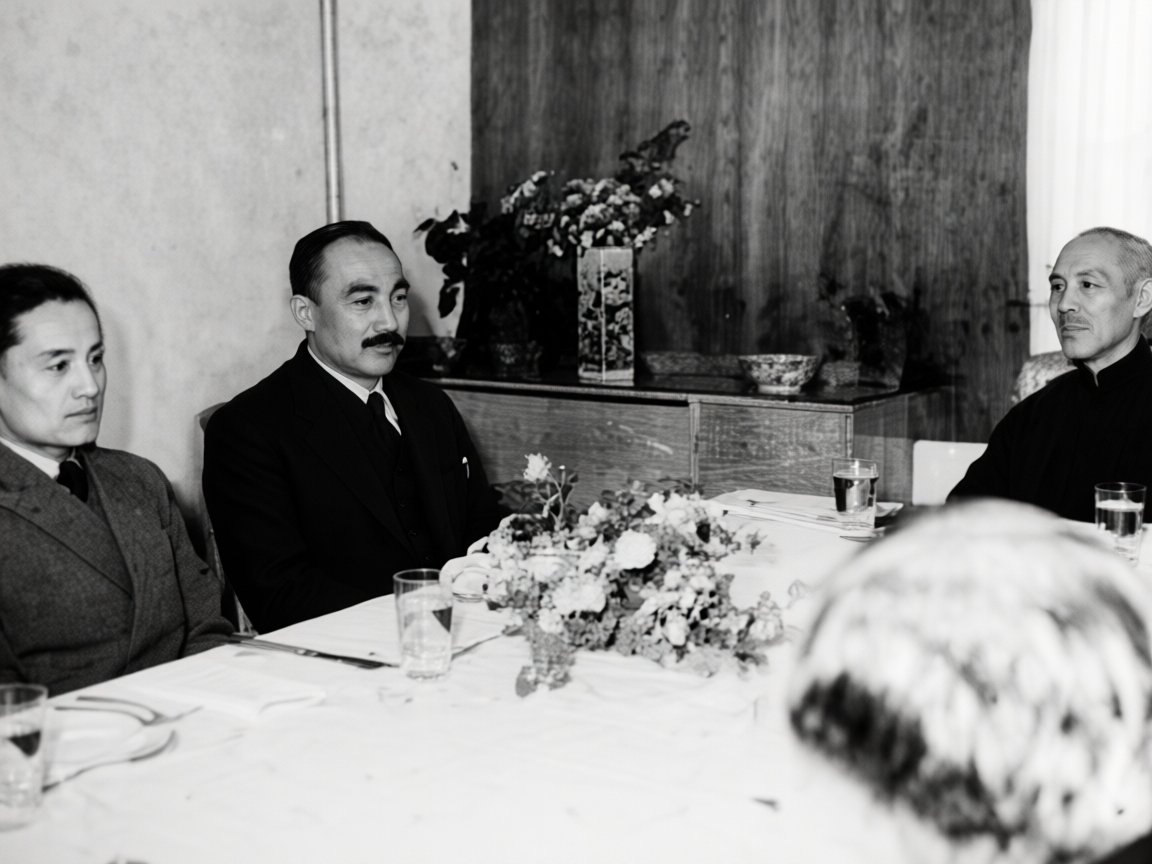 Ahmetjan Qasimi (1914–1949) and Abdulkerim Abbasov (1921–1949) meet Chiang Kai-shek (1887–1975) in 1946. Credits.