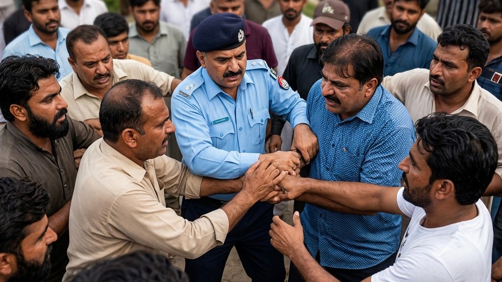 Police confront Christians at the cemetery. Screenshot.