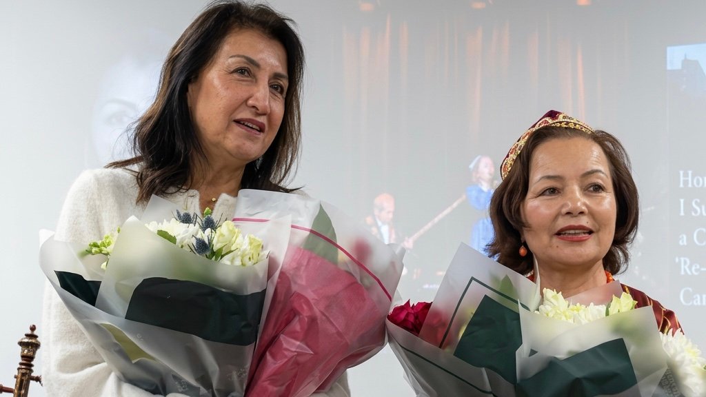 Gulbahar Haitiwaji (left) and Rahima Mahmut celebrating together the joy of her release. Credits: Ruth Ingram.