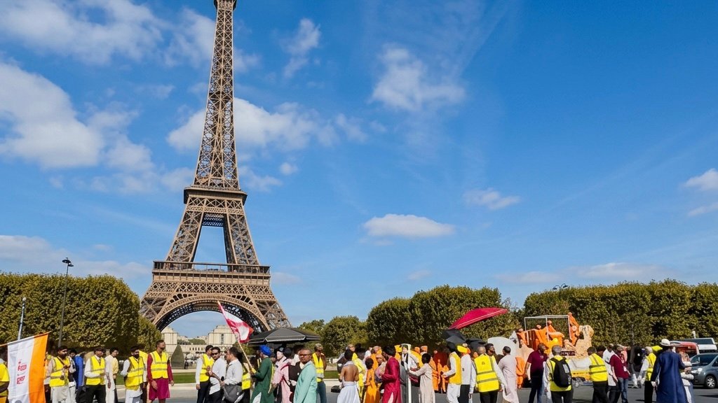 The BAPS delegation arriving at the Eiffel Tower. Screenshot.