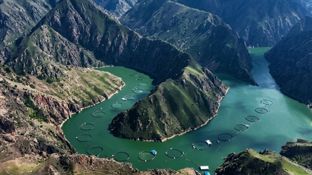 Aerial view of salmon farms in Nilka County, Xinjiang. Screenshot.