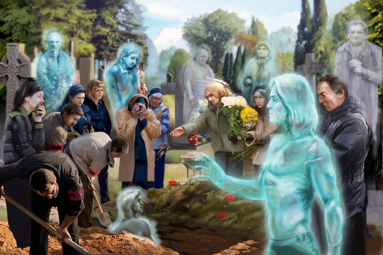 A gathering of spirits at Ian’s funeral. From “Secrets of the Dead.”