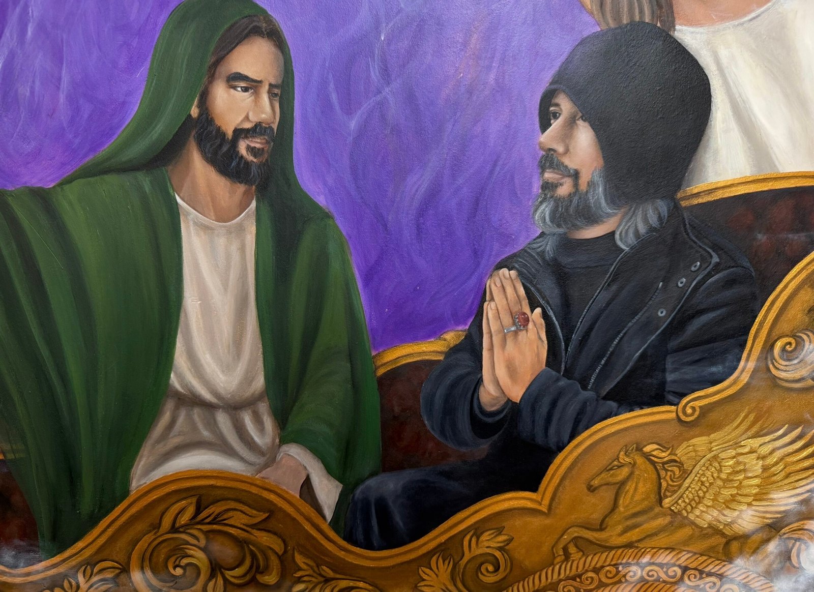 Abdullah Hashem and his mentor, Ahmed al-Hassan, in a fresco at the AROPL headquarters in Crewe.