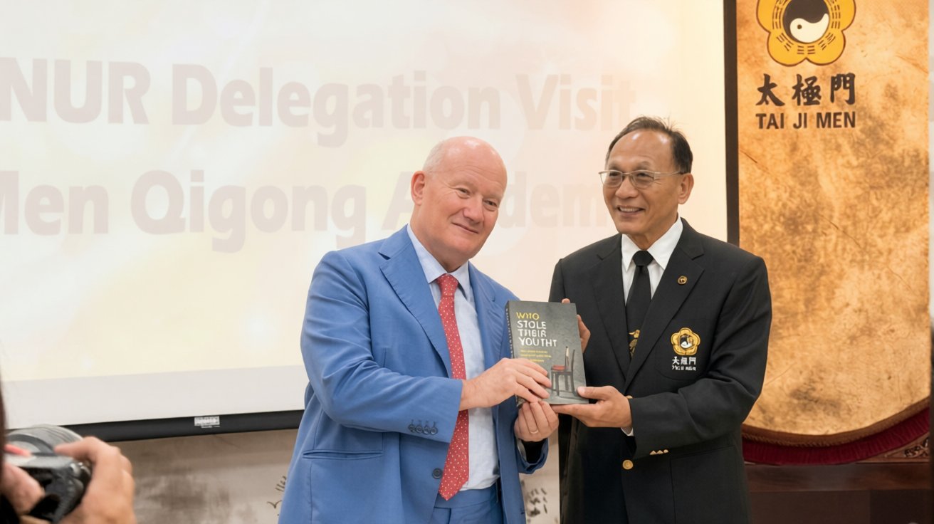 Massimo Introvigne receives books, a calendar, and memories of Tai Ji Men Qigong Academy’s 60th anniversary during the CESNUR visit to Tai Ji Men.