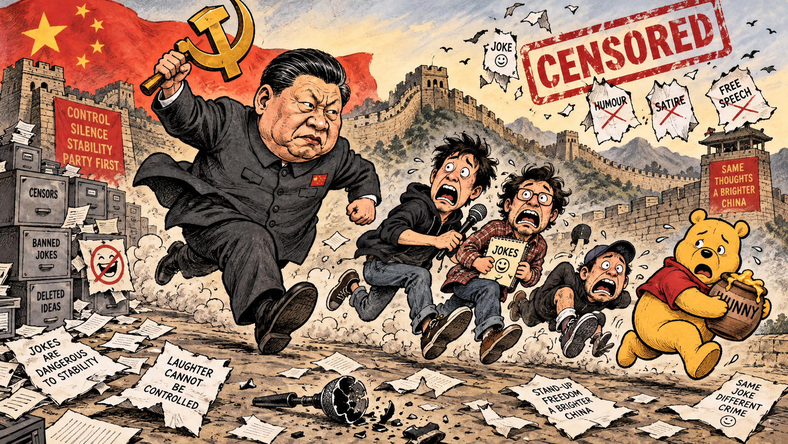 The Chinese President’s crusade against humor. AI-generated.