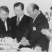 President Kim Dae Jung (1924–2009) visiting the Unification Church-affiliated “Segye Ilbo” newspaper on February 1, 1999, in Seoul to celebrate its tenth anniversary, joining Reverend Sun Myung Moon (1920–2012) and Dr. Hak Ja Han Moon in the cake-cutting ceremony.